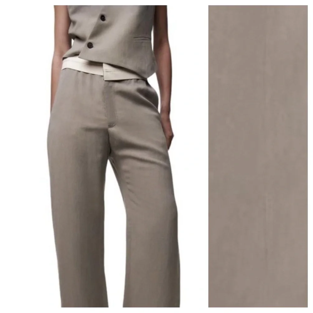 NWT. Zara Limited Edition Gray Contrast Waist Pants/Trousers. Size L.